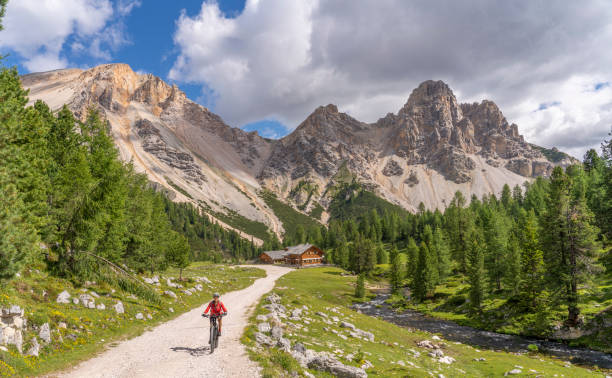 mujer senior en bicicleta de montaña en el parque natural fanes-sennes-braies, alto adigio, italia - alto adige summer travel destinations vacations fotografías e imágenes de stock