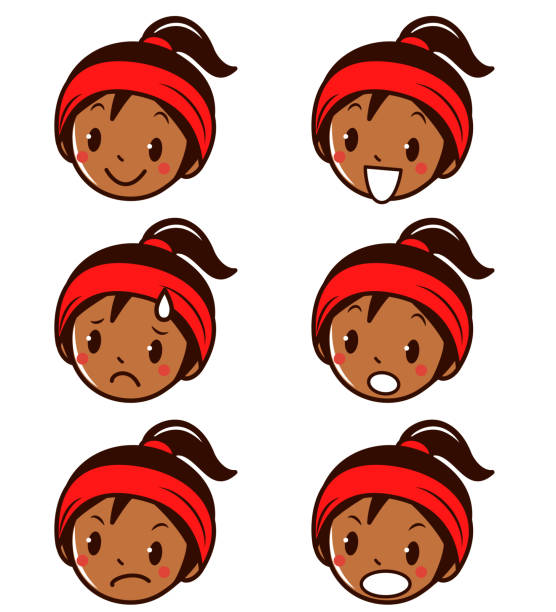 gesichtsausdruck (emoticons) sammlung von sportlichen teenagern oder mädchen - haarzopf stock-grafiken, -clipart, -cartoons und -symbole