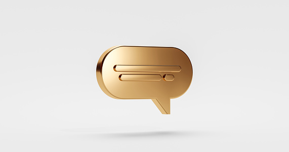 Gold premium chat icon design or online message symbol speech bubble talk sign and contact communication isolated on white background with golden dialog premium service balloon. 3D rendering.