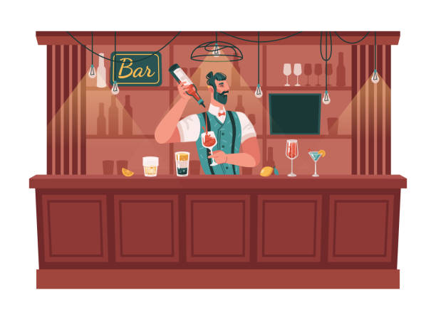 geschickter barkeeper, der cocktails serviert und getränke mixt. barkeeper mit gläsern und flaschen alkohol, bar oder pub. barkeeper oder kellner, der nachts arbeitet. flache cartoon-charakter-vektor-illustration - barkeeper stock-grafiken, -clipart, -cartoons und -symbole