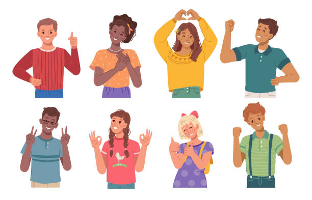 Gesturing children showing signs with hands, expression of joy and approval. Boys and kids with peace gesture, thumb up, hearts and okay. Excited preteens. Flat style cartoon character vector Gesturing children showing signs with hands, expression of joy and approval. Boys and kids with peace gesture, thumb up, hearts and okay. Excited preteens. Flat style cartoon character vector junior high age stock illustrations