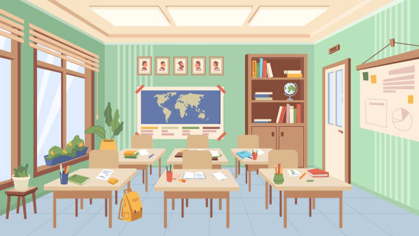 classroom of school or college interior design, auditorium with desks and books with supplies for lessons. educational establishment, room with world map and picture. cartoon vector in flat style - üniversite seminer salonu stock illustrations