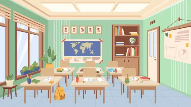 Vector illustration of Classroom of school or college interior design, auditorium with desks and books with supplies for lessons. Educational establishment, room with world map and picture. Cartoon vector in flat style