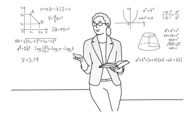 nauczycielka w okularach i książce wyjaśnia matematykę. - women leading guidance student stock illustrations