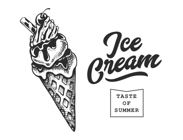 Ice Cream Retro Emblem. Logo template. Black and white text and ice cream sketch. EPS10 vector illustration.