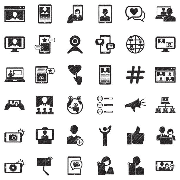 influencer icons. schwarzes scribble design. vektor-illustration. - hashtag doodle text black stock-grafiken, -clipart, -cartoons und -symbole