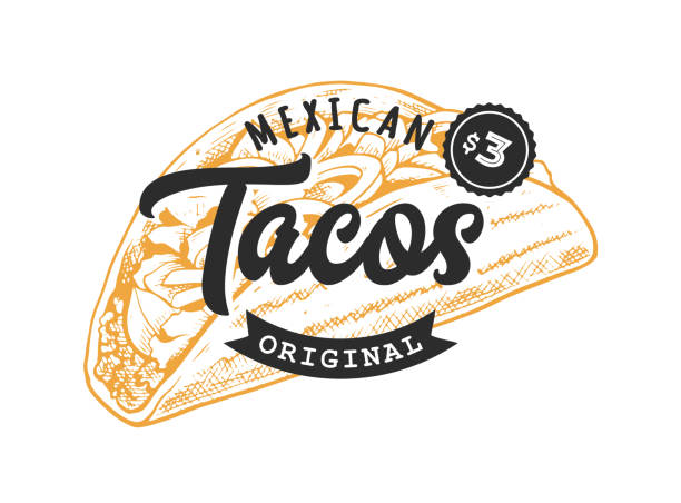 ilustraciones, imágenes clip art, dibujos animados e iconos de stock de tacos emblema retro - tacos