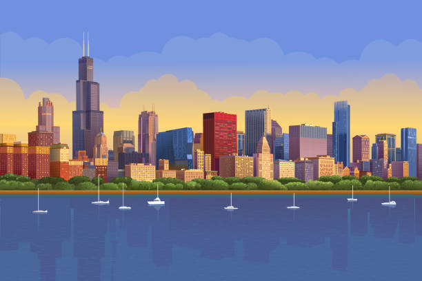 Chicago skyline in sunny sunset reflected in water. Chicago yacht panorama, Vector illustration Chicago skyline in sunny sunset reflected in water. Chicago yacht panorama, Vector illustration chicago skyline stock illustrations