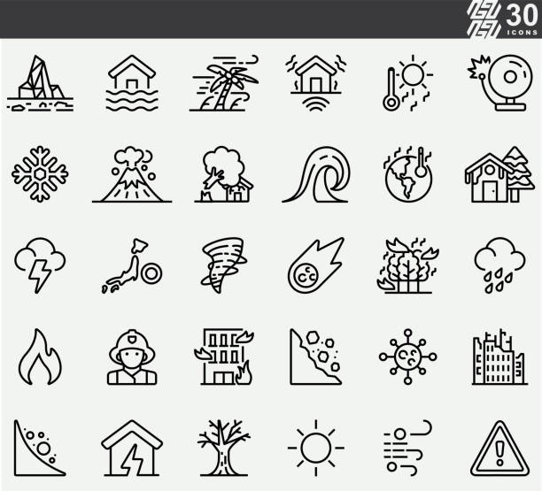 bildbanksillustrationer, clip art samt tecknat material och ikoner med natural disaster , disease , flood  line icons - kris