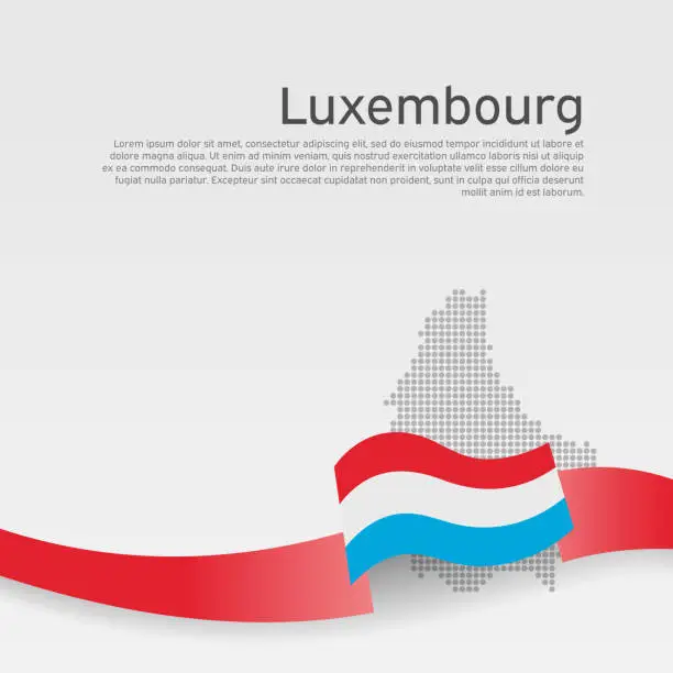 Vector illustration of Luxembourg flag, mosaic map on white background. Wavy ribbon with the luxembourgish flag. Vector banner design, luxembourg national poster. Cover for business booklet. State patriotic flyer, brochure