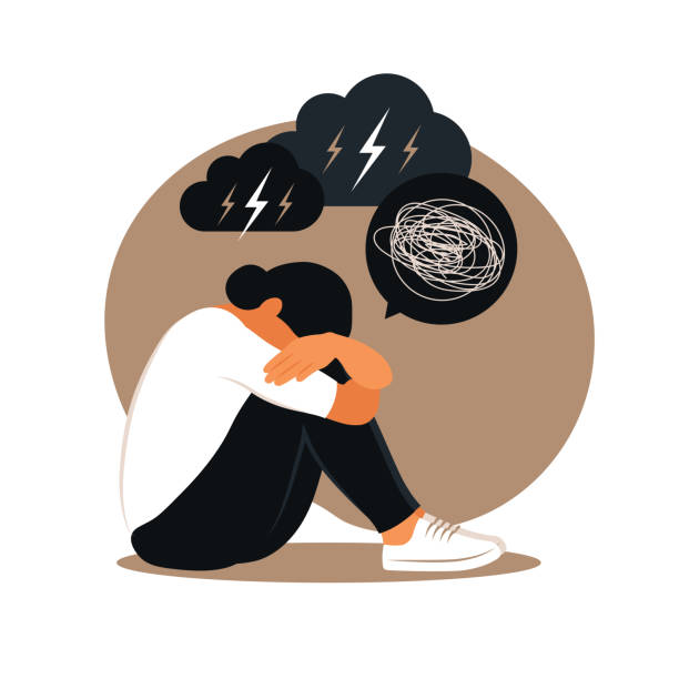 istock Woman in depression with bewildered thoughts in her mind. Young sad girl sitting in window and hugging her knees. Flat style 1329492873