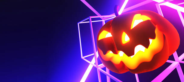 istock 3d rendering lantern light pumpkin with face smile in dark background which have violet and dark blue neon color light   , halloween decoration concept. 1329493342