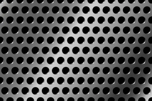 Vector illustration of Metal background with round holes. Iron perforated plate. Metallic panel. Vector.