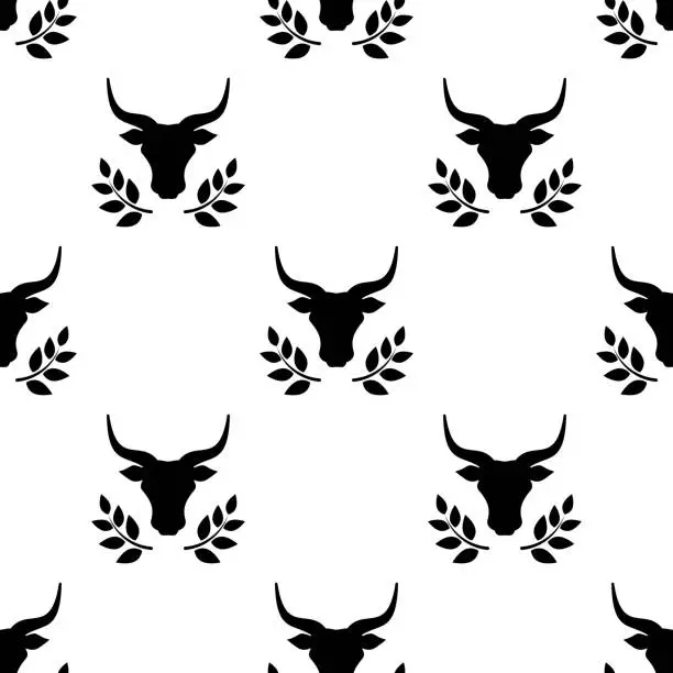 Vector illustration of Seamless ornament with bull head and laurel. Ox, cow pattern.