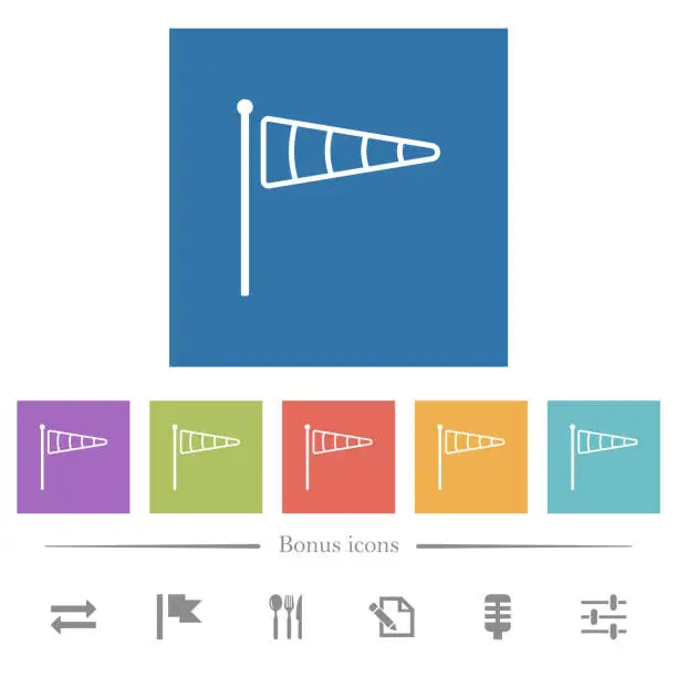 Vector illustration of Windsock indicator outline flat white icons in square backgrounds