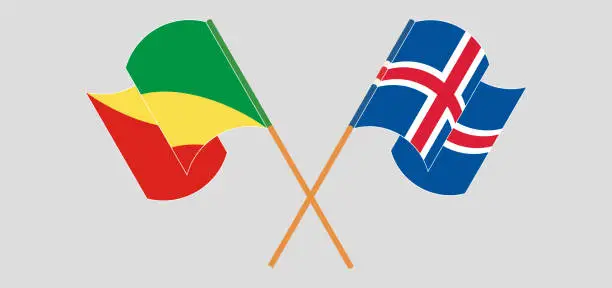 Vector illustration of Crossed and waving flags of Republic of the Congo and Iceland