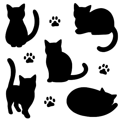 Five black cat silhouettes with four paw prints