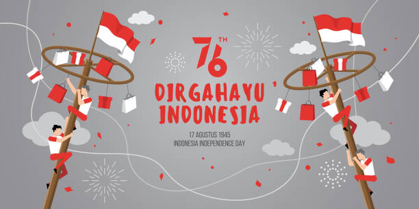 Indonesia independence day with traditional games Indonesia independence day with traditional games. 76 tahun dirgahayu indonesia translates to 76 years celebrating Indonesia independence day indonesian ethnicity stock illustrations