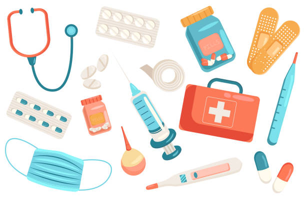 Medicine cute elements isolated set Medicine cute elements isolated set. Collection of stethoscope, first aid box, syringe, medical mask, cans of pills, plaster, thermometer and other tools. Vector illustration in flat cartoon design stethoscope stock illustrations