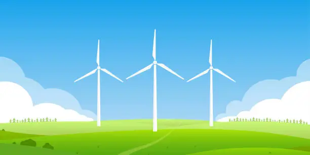 Vector illustration of Wind turbines on a green field. Nature landscape with windmills. Renewable energy generation with wind power. Vector illustration.