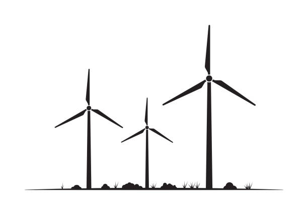 illustrazioni stock, clip art, cartoni animati e icone di tendenza di icona della turbina eolica. energia eolica, simbolo di potenza con sagome del mulino. illustrazione vettoriale. - turbina a vento