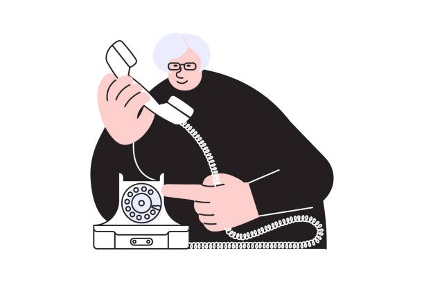 Elderly woman in black blouse is speaking by retro phone. Elderly woman in black blouse is speaking by retro phone. Communication concept isolated on white background. Flat Art Vector Illustration old ladies gossiping stock illustrations