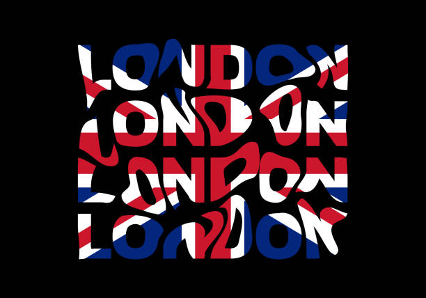 ilustraciones, imágenes clip art, dibujos animados e iconos de stock de texto tipográfico de londres o eslogan con letras onduladas y bandera del reino unido. gráfico de camiseta con efecto ondulación o glitch. impresión abstracta, banner, cartel, diseño de emblemas. ilustración vectorial. - moda londinense