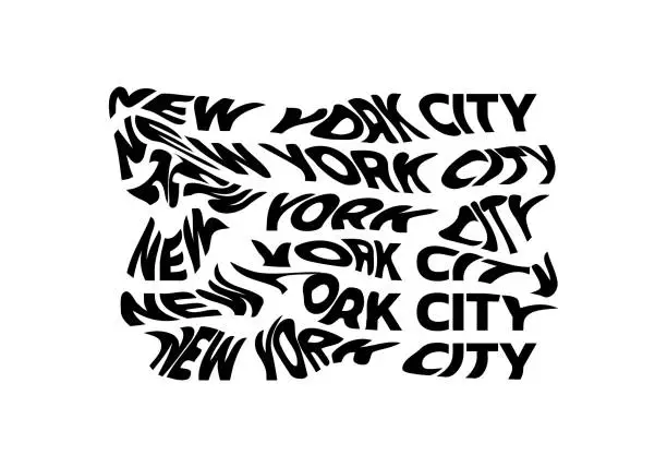 Vector illustration of New York City typography text or slogan with wavy letters. T-shirt graphic with ripple or glitch effect. Abstract print, banner, poster, emblem design. Vector illustration.