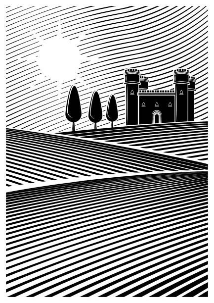 Vector illustration of a a vineyard or cereal plantation. In the background you see a castle or chateau. In black and white colors. Vector illustration of a a vineyard or cereal plantation. In the background you see a castle or chateau. In black and white colors. plantation stock illustrations