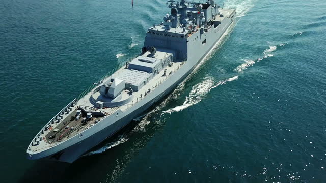 Aerial View - modern missile frigate at sea