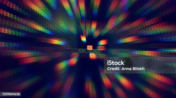 Abstract Rainbow Blockchain Pixel Shape Prism Exploding Glitch Futuristic Pattern Funky Offbeat Aspirations Neon Surreal Bandwidth Glowing Flowing Time Machine Nanoparticle Firework Confetti Lens Flare Vitality Zoom Effect Stereoscopic Distorted Image Stock Photo - Download Image Now