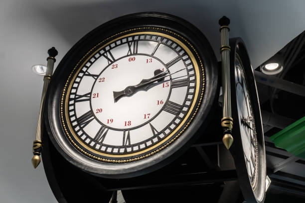istock Large vintage clock with Arabic and Roman numerals. 1329506307