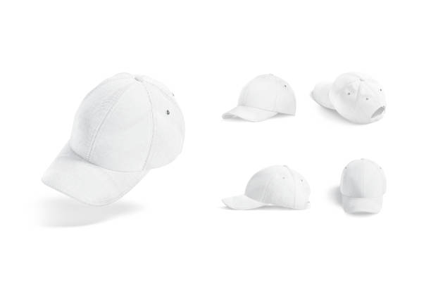 Blank white baseball cap mockup, different views Blank white baseball cap mockup, different views, 3d rendering. Empty jeans or flannel head-dress mock up, isolated. Clear cotton sporty snapback for uniform template. white cap stock pictures, royalty-free photos & images