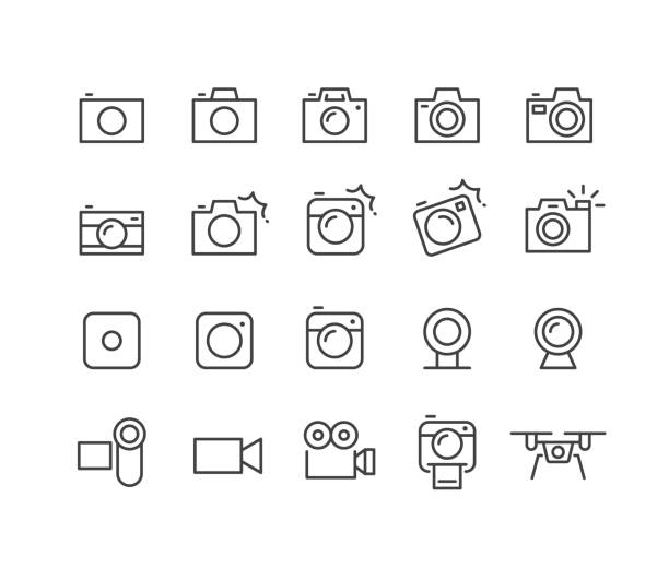 ilustraciones, imágenes clip art, dibujos animados e iconos de stock de iconos de cámara - classic line series - cámara