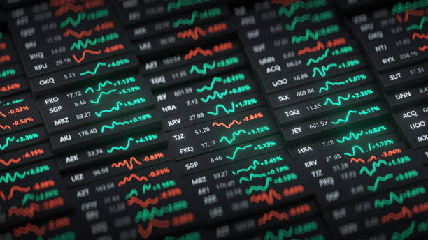 istock Stock market fictional tickers 3D render 1329507947