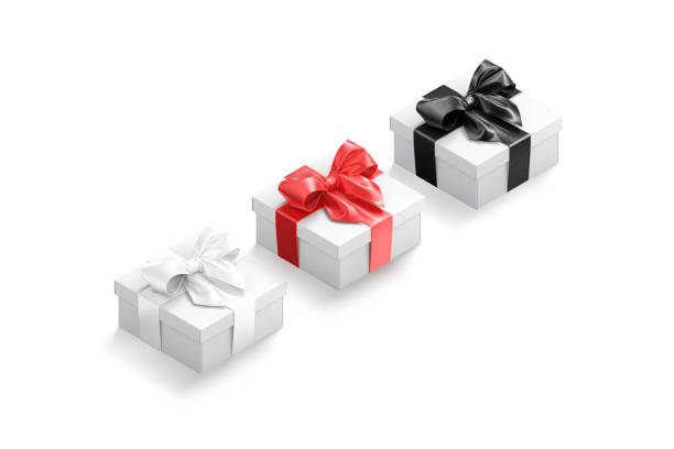 Blank white gift box with gold, red, black ribbon mockup Blank white gift box with gold, red, black ribbon mockup, 3d rendering. Empty unexpected present case mock up, side view, isolated. Clear packing basket with tape for present template. unusual basket stock pictures, royalty-free photos & images