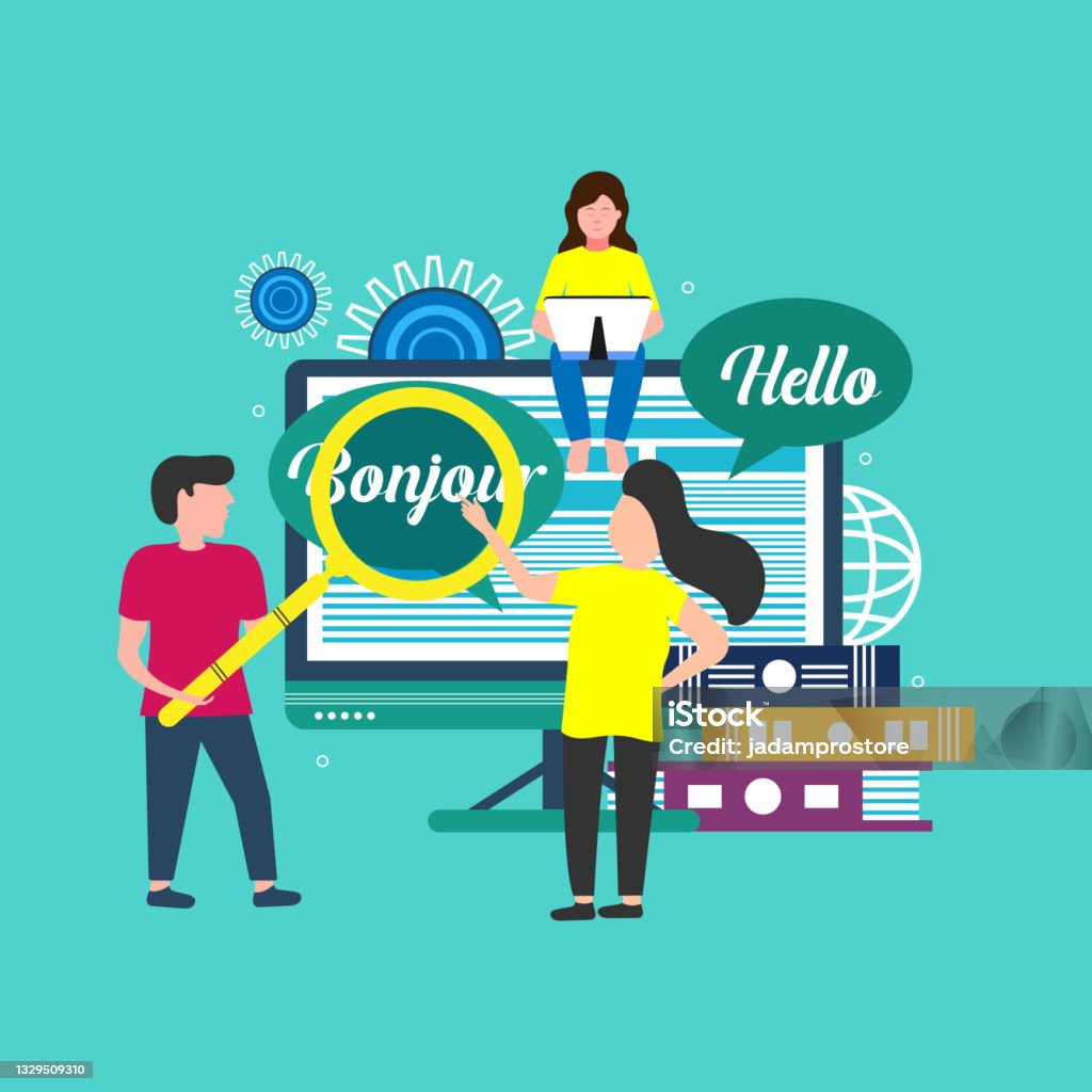 Translating Using Computer Translating App On Computer People Using Online Translation Service For ...