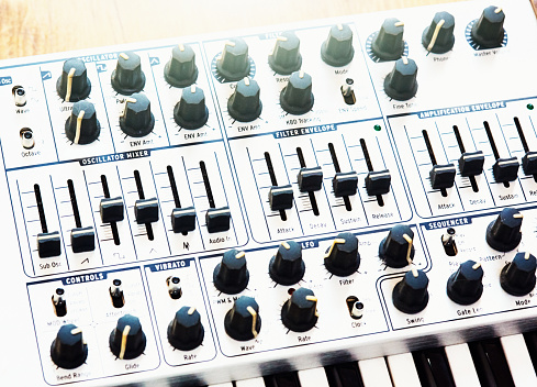 Close-up of an analog synthesizer.