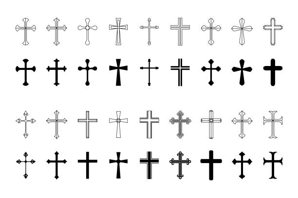 흰색 배경에 설정 기독교 크로스 아이콘 - 기독교 stock illustrations