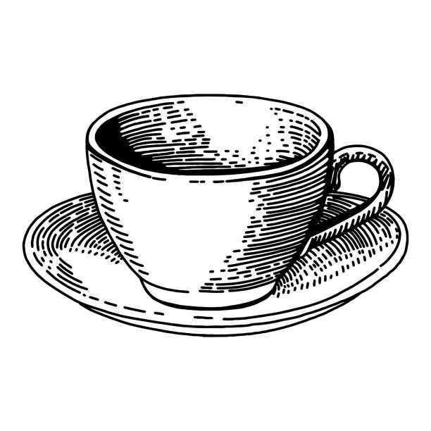 ilustrações, clipart, desenhos animados e ícones de esboço de tinta gráfica de ilustração de café, desenho de silhueta de rascunho, preto na ilustração vetorial branca. delicioso design de comida de gravura vintage - coffee espresso retro revival coffee cup