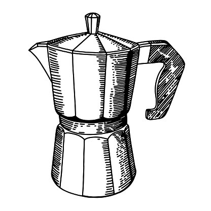 Moka pot coffee maker vector sketch hand drawn, black and white, isolated on a white background.