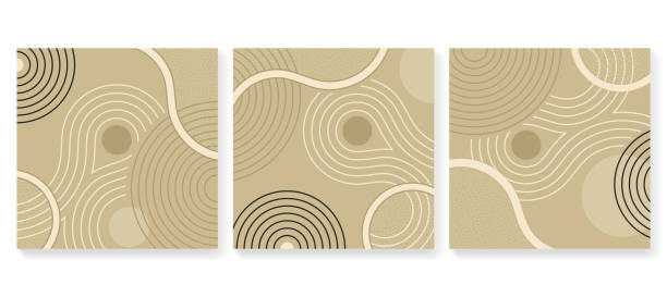 Abstract square banners set in Zen garden decoration Abstract square backgrounds set in Zen garden japanese decoration - circles of stones and wavy spirals sand designs stock illustrations