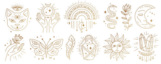 Set of magic boho symbols. Golden minimal line art. Set of magic boho symbols. Collection of gypsy sacred elements and sign in modern boho style. Golden minimal line art. witch eyes stock illustrations