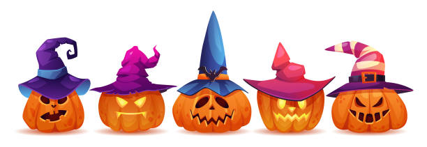 Glowing halloween pumpkins wearing witch hats, isolated male and female personages. Autumn holiday symbol and celebration, evil and good facial expression. Realistic cartoon character vector Glowing halloween pumpkins wearing witch hats, isolated male and female personages. Autumn holiday symbol and celebration, evil and good facial expression. Realistic cartoon character vector pumpkin decorating stock illustrations