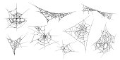 Spooky cobweb hanging threads made by spiders. Isolated set of sticky web, halloween decoration. Meshwork and grunge ornament, realistic adornment for party or old obsolete elements. Cartoon vector