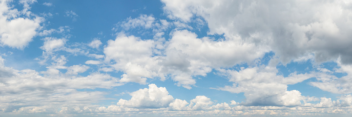 Banner Tropical summer blue sky fluffy white cloud summertime on light sunny day cloudscape. Panoramic Clear bright blue skyline spring sunlight climate background. Heaven blue ecology for web banner