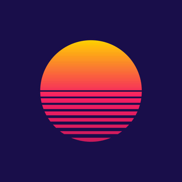 ilustrações de stock, clip art, desenhos animados e ícones de sunset. retro sun of 80s or 90s. background for cyberpunk, disco of 80 s and sunrise in miami. neon gradient graphic for summer logo. futuristic icon for flyer, design, music and shirt. vector - music club