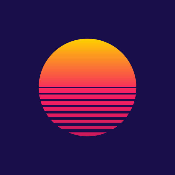 sunset. retro sun of 80s or 90s. background for cyberpunk, disco of 80 s and sunrise in miami. neon gradient graphic for summer logo. futuristic icon for flyer, design, music and shirt. vector - sunset 幅插畫檔、美工圖案、卡通及圖標