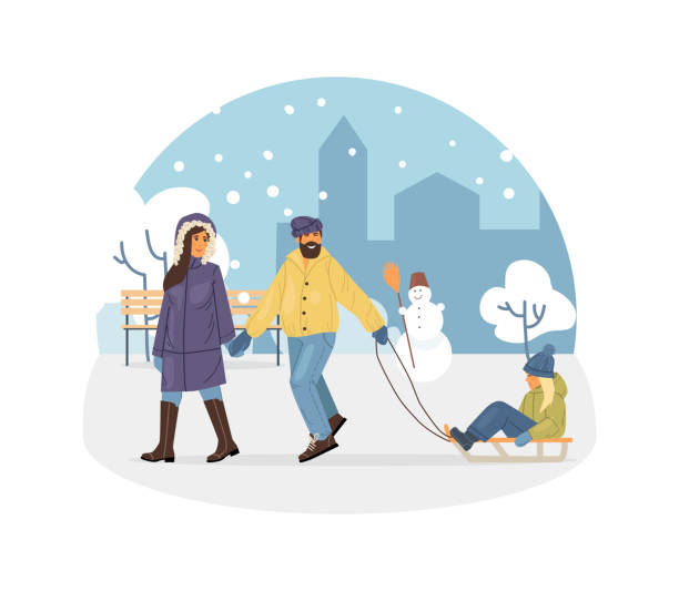 Active people in the winter park. Winter time. Happy family walking and ride child on sled. Outdoor winter activities cartoon vector Active people in the winter park. Winter time. Happy family walking and ride child on the sled. Outdoor winter activities cartoon vector illustration cold and flu family stock illustrations