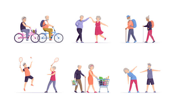ilustrações, clipart, desenhos animados e ícones de conjunto de diversas atividades de idosos. feliz idoso e mulher saudável vida de vida ativo aposentado para os avós. dançar, andar de bicicleta, caminhar, tênis, fazer compras, fazer fitness - senior adult couple mature adult bicycle